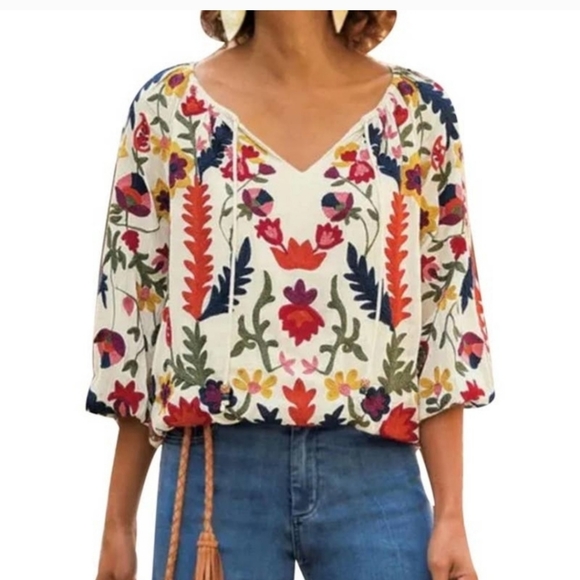 Soft Surroundings Tops - Soft Surroundings Banjara Embroidered Floral Top XL elastic Waist Peasant Top.